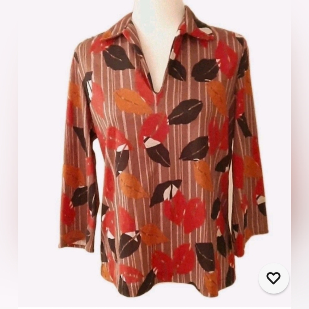 Vintage 1970's Blouse 3/4 Sleeve Autumn Leaves Orange Brown Size M/L